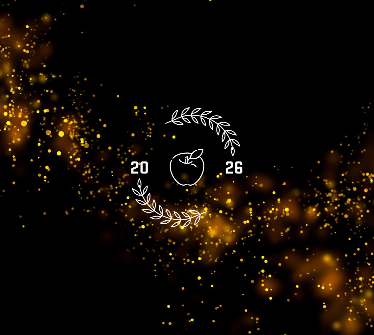 A black background with orange glitter, an apple and the year 2026.