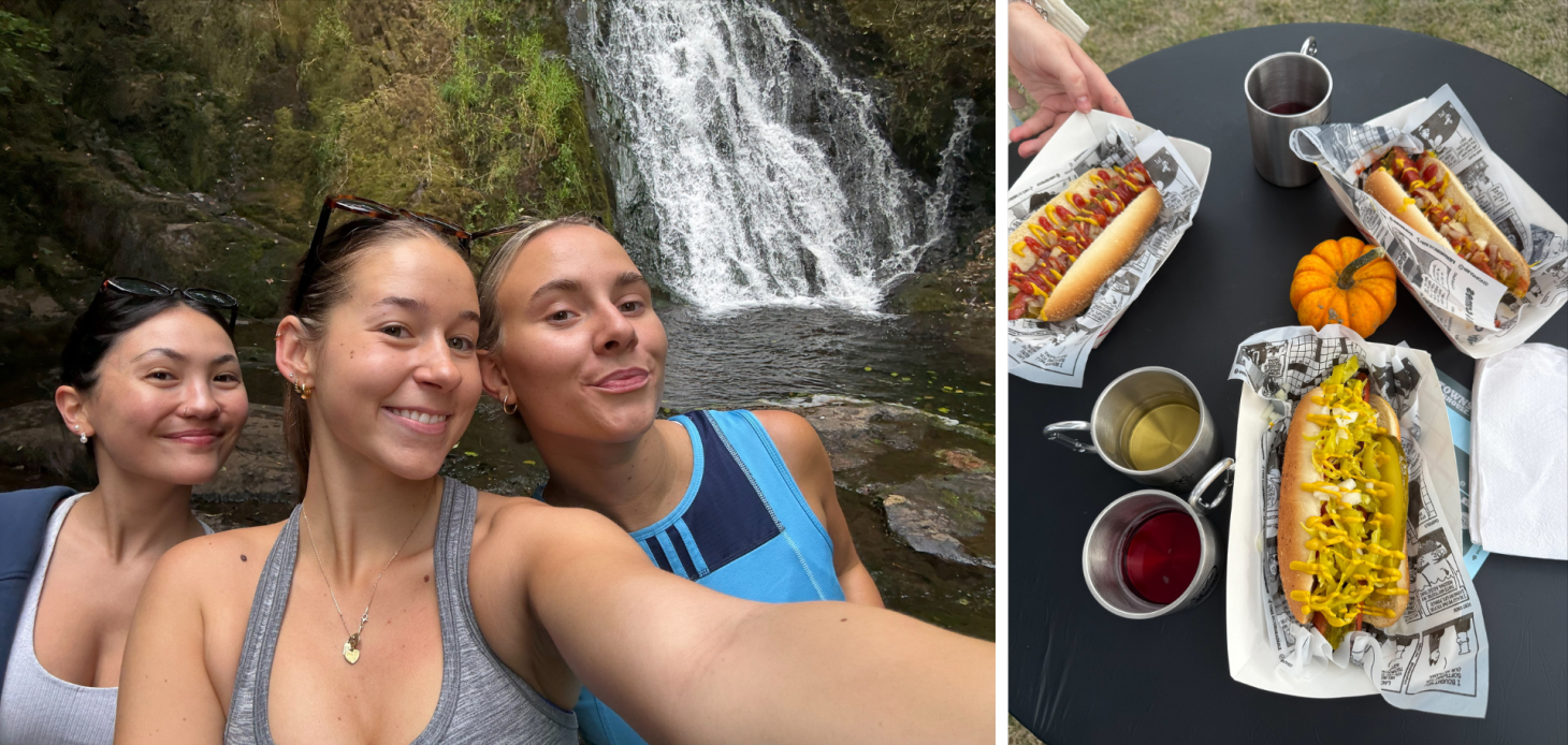 To the left, Kennedy Duff and two of her friends smile in front of a scenic waterfall in Oregon. To the right, three prepared delicious hot dogs, three metal cups, and a little pumpkin sit on top of a black round table outside.