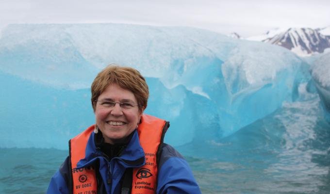 Jane Lubchenco in front of ice glacier