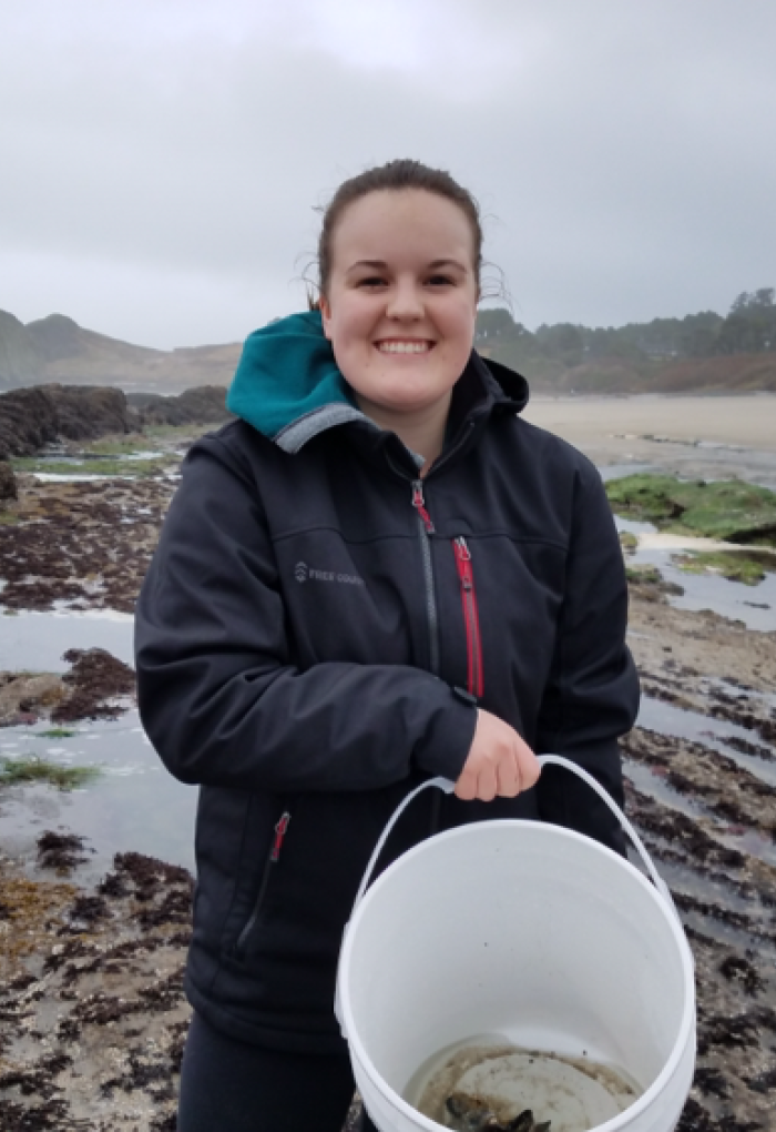 Simone Burton collecting mussles in a bucket along the Oregon coastline