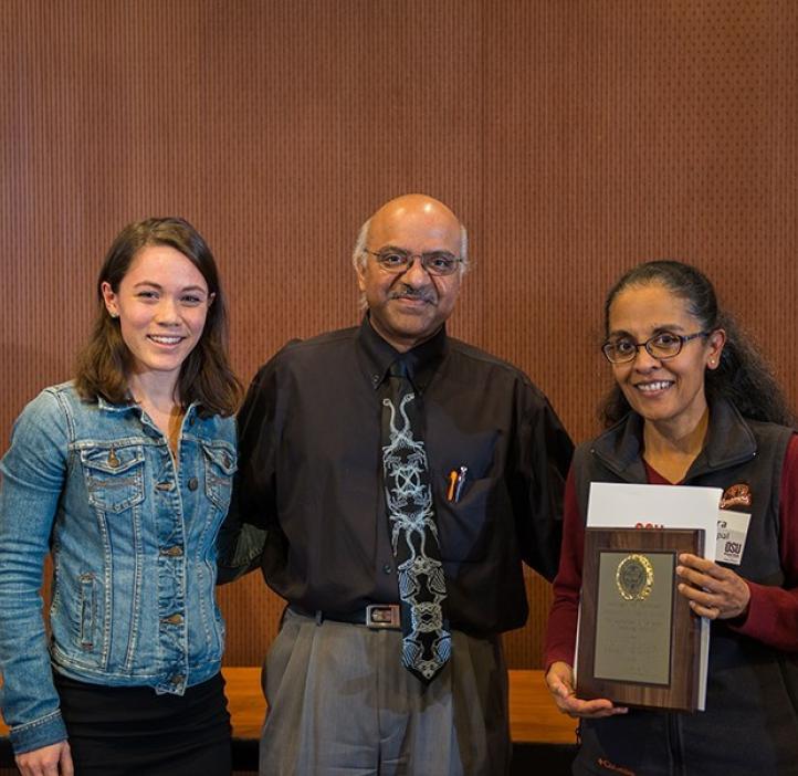 Fred Horne award winner Indira Rajagopal and her student Hayati Wolfenden with Dean Sastry Pantula