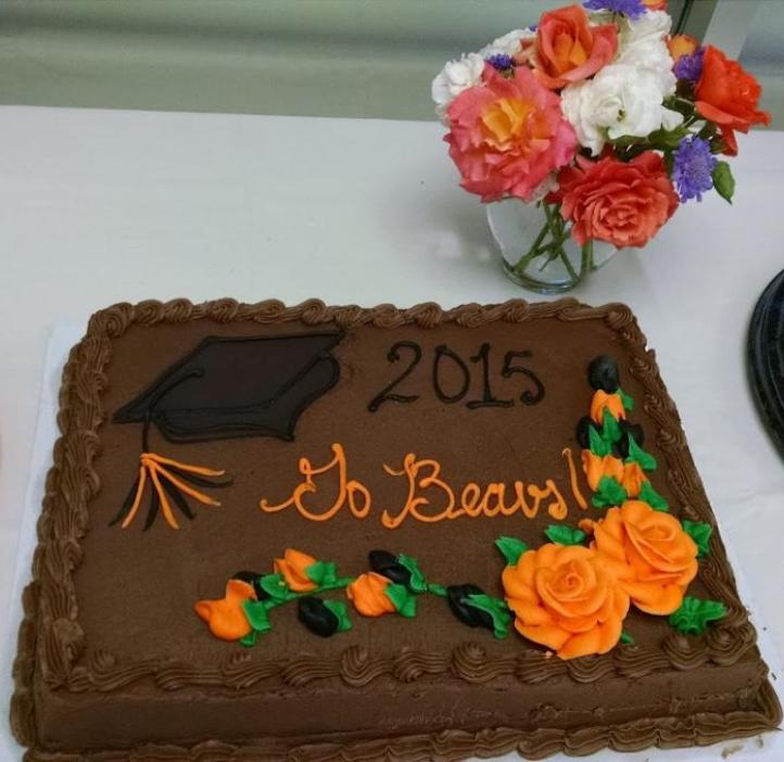 chocolate cake with the text "2015 GO BEAVS" in icing