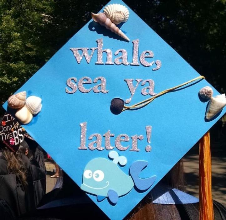 Mortarboard decorated with a whale, seashells, and the words "whale, sea ya later"