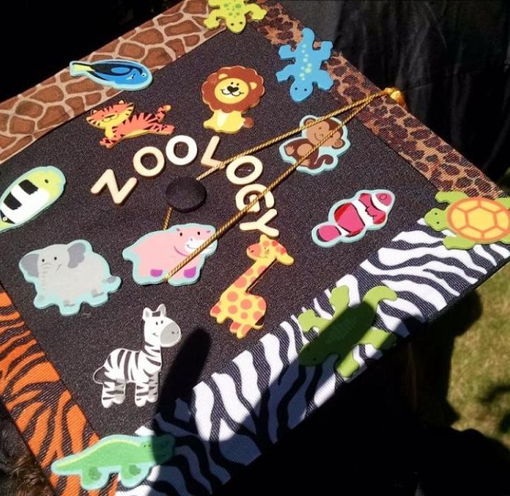 Mortarboard decorated with animal print, animals, and the word "zoology"